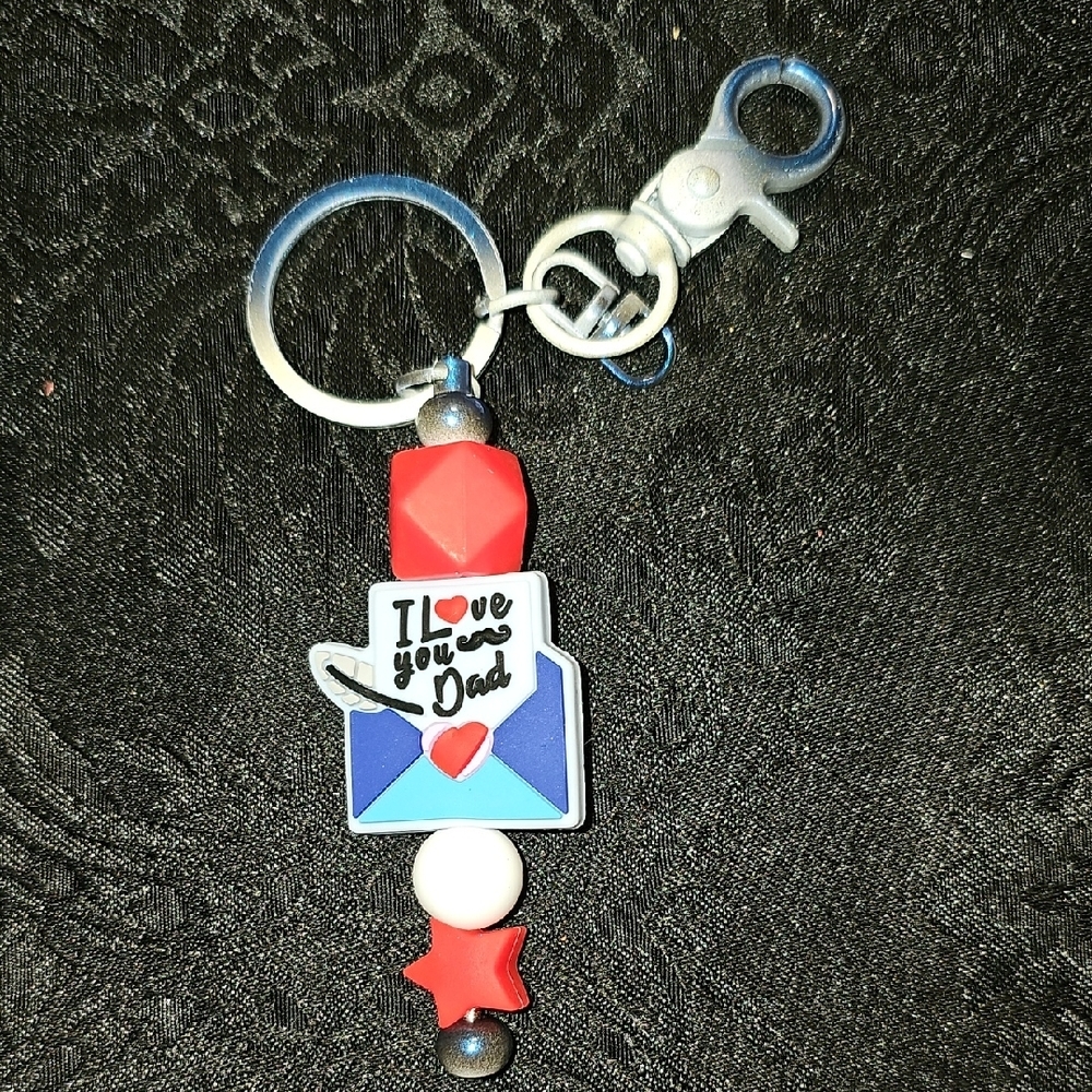 Handmade I Love You Dad Keychain with Red, Blue, and White Beads